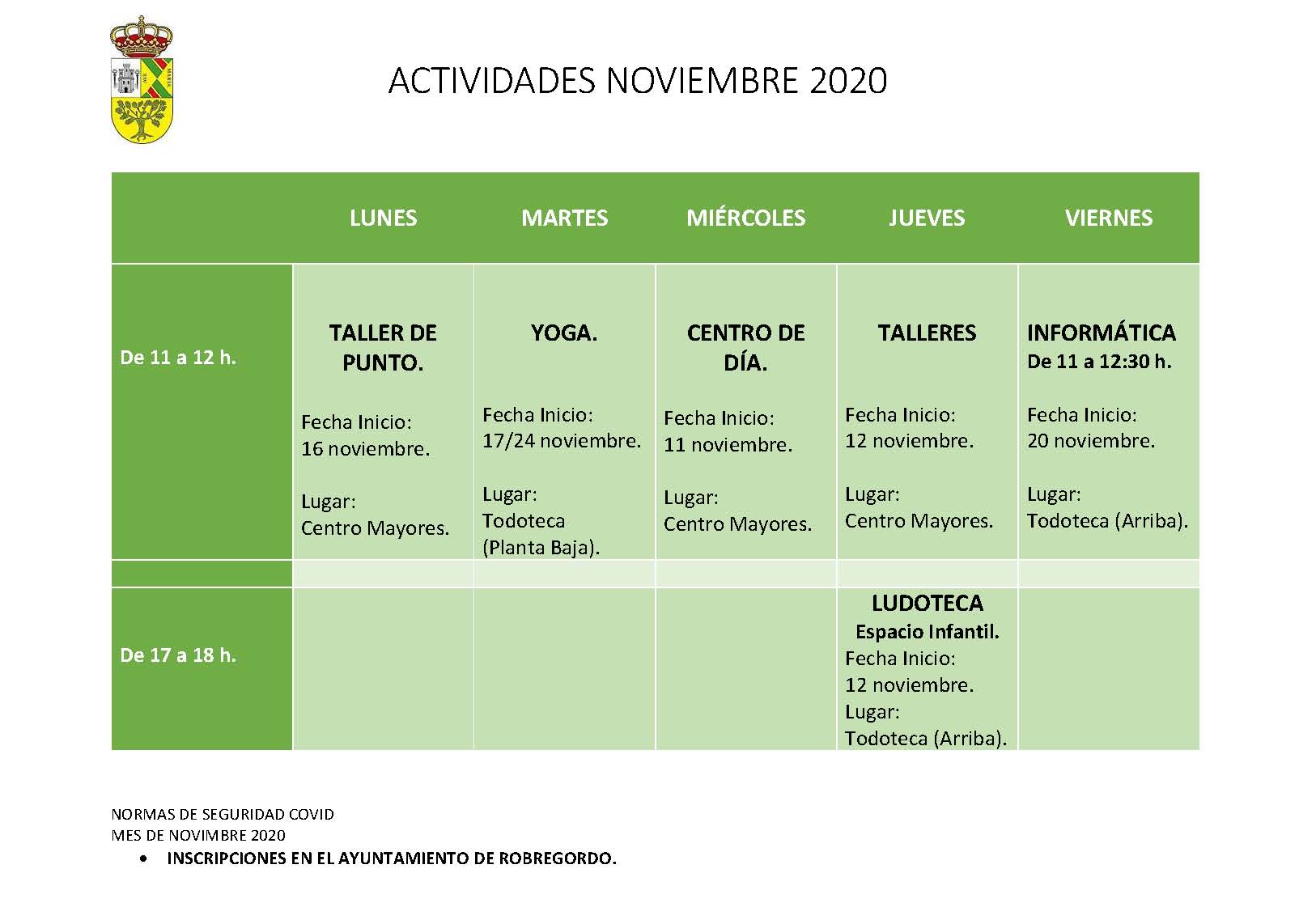 HORARIO ACTIVIDADES NOV 20